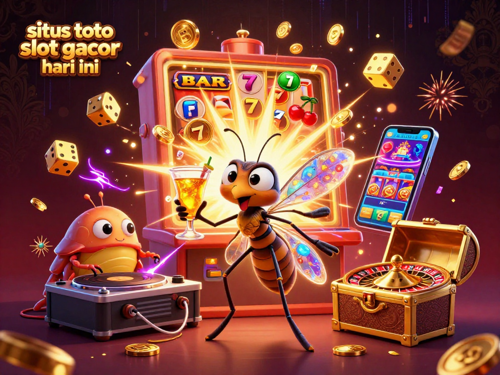 Engage with situs toto slot gacor hari ini, illustrated as a lively, dynamic casino scene featuring unique characters and exciting gaming elements.
