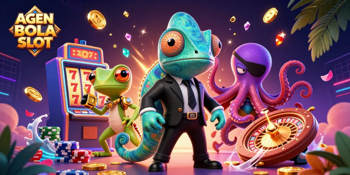 Enhance your gaming experience with AGEN BOLA SLOT's dynamic casino scene featuring lucky slot symbols and golden coins.