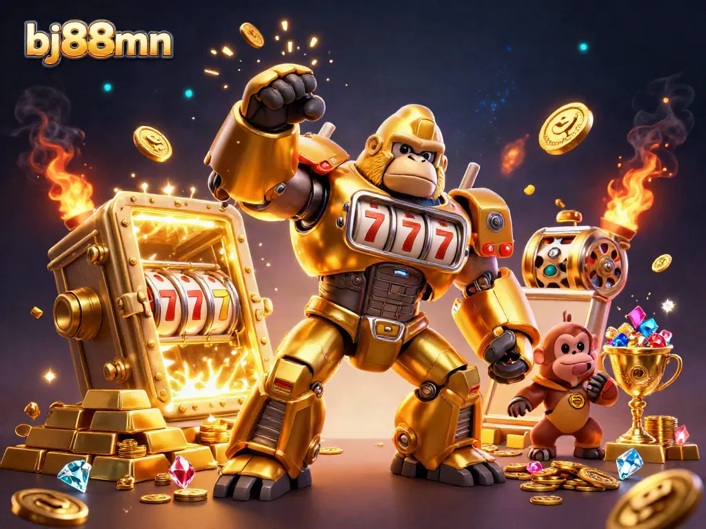 Engage with bj88mn's thrilling casino adventure featuring a golden gorilla mech and slot elements.