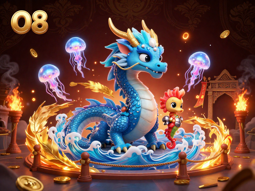 O8 immerses players in dynamic casino action with a dragon, knight, and jellyfish amid vibrant gameplay elements.