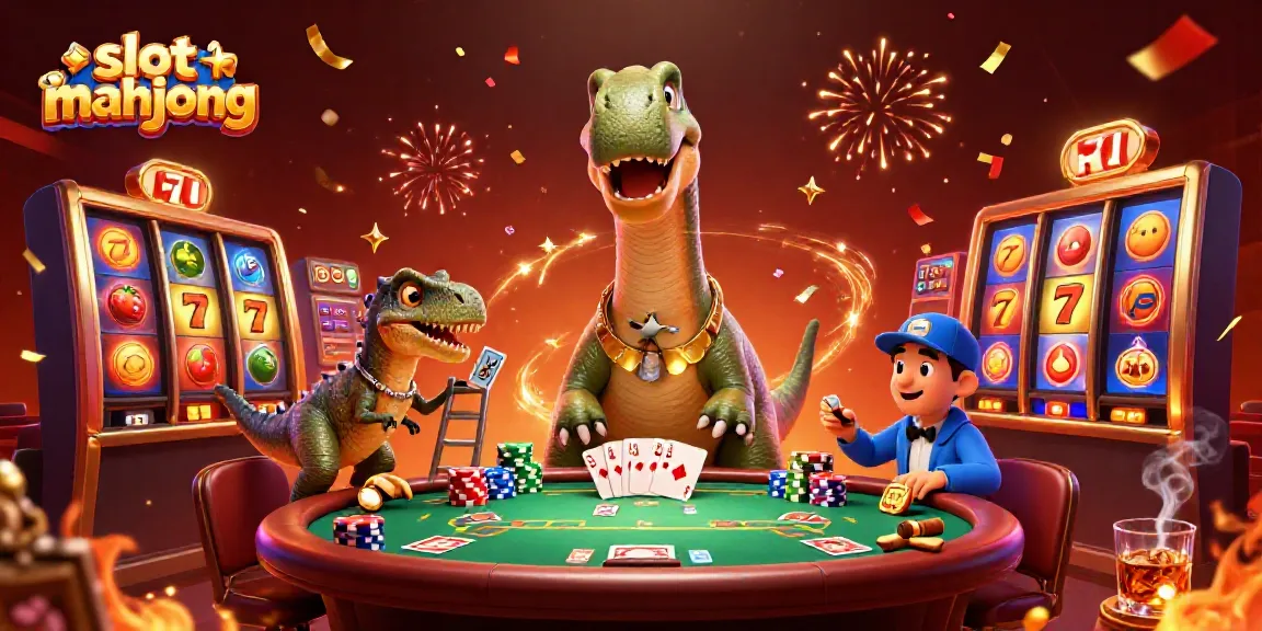 Slot mahjong menampilkan ilustrasi kasino tiga dimensi dengan karakter dinosaurus dan elemen judi.