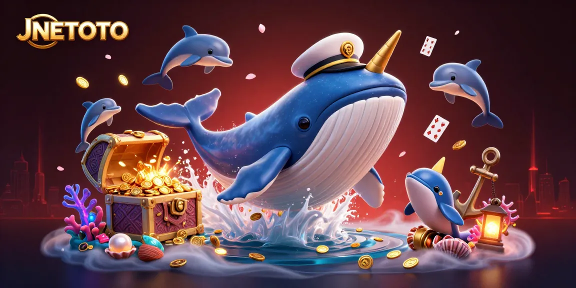 Experience the thrill of the JNETOTO universe with a dynamic 3D illustration of a whimsical whale and playful dolphins.