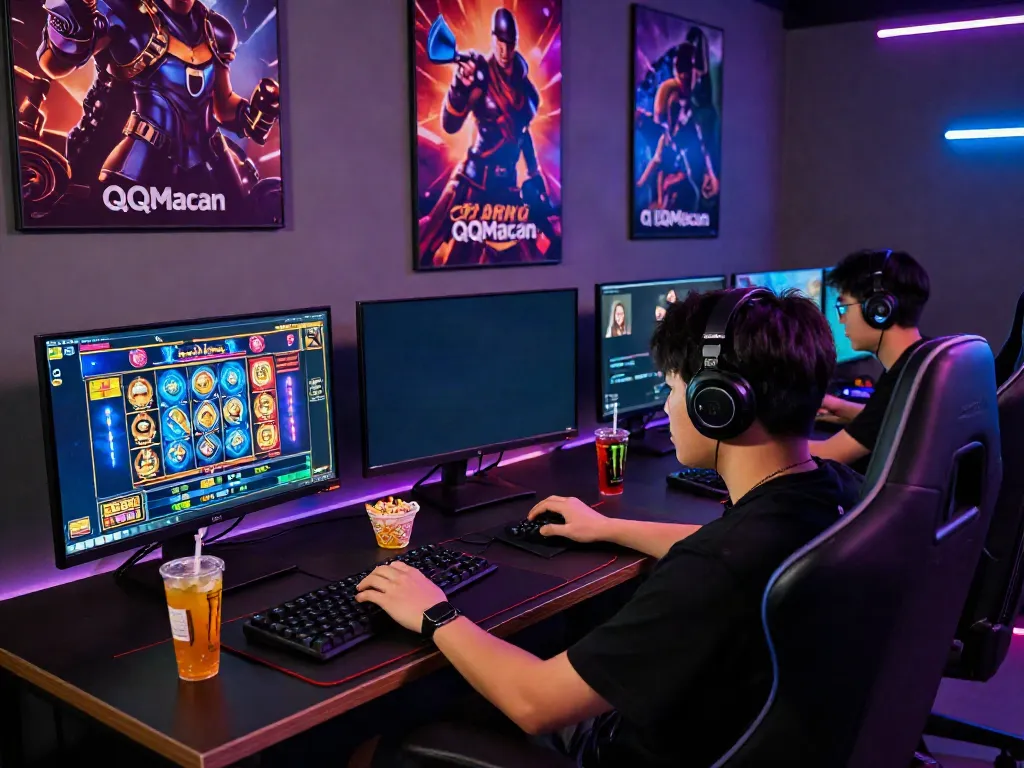 Gamer enjoying QQMacan online gaming with vibrant screens and snacks.