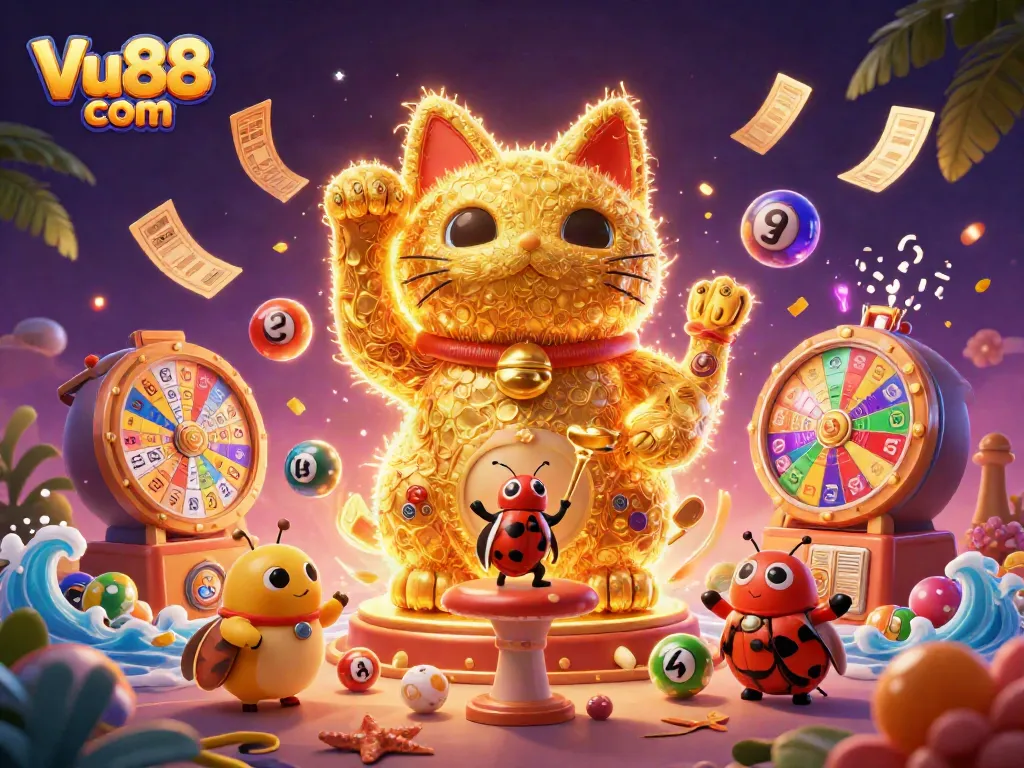 Engage with the vibrant world of Vu88 com featuring a lucky cat and casino symbols in a colorful scene.
