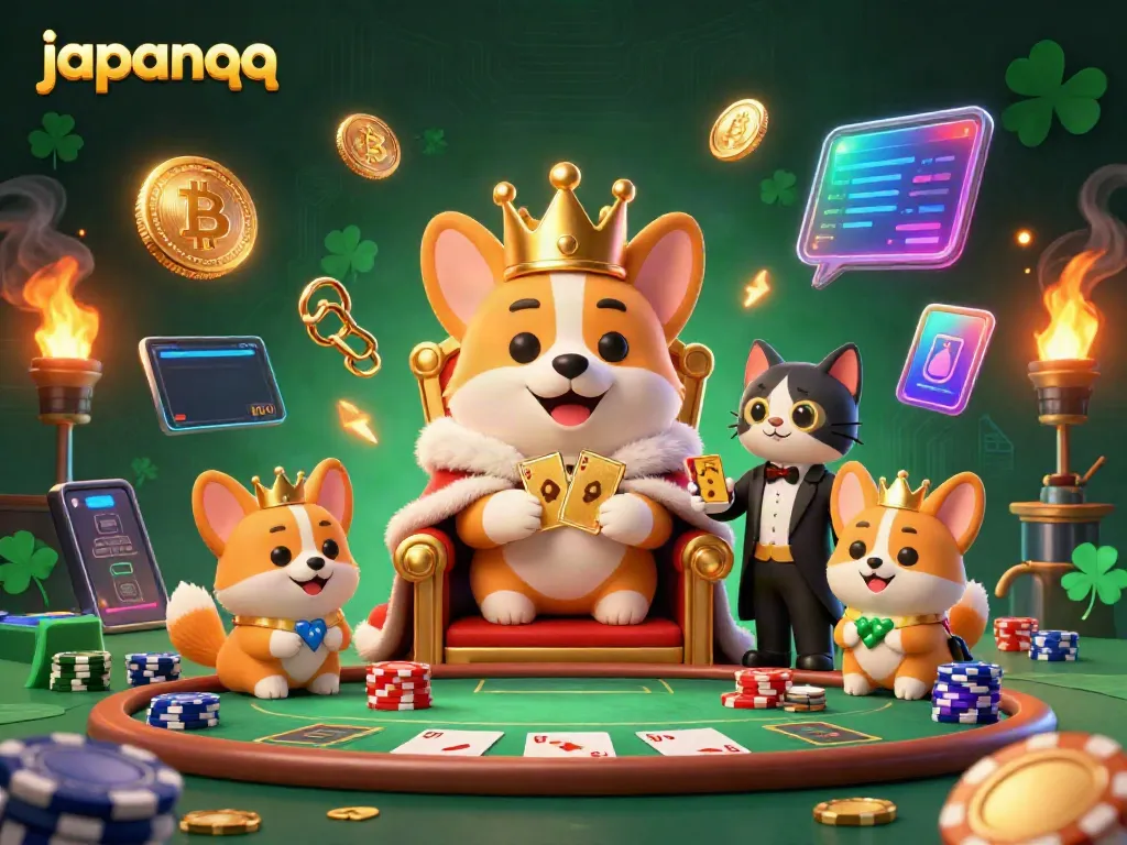 JepangQQ menghadirkan permainan poker yang mendebarkan dengan corgi raja di tengah aksi kartu.