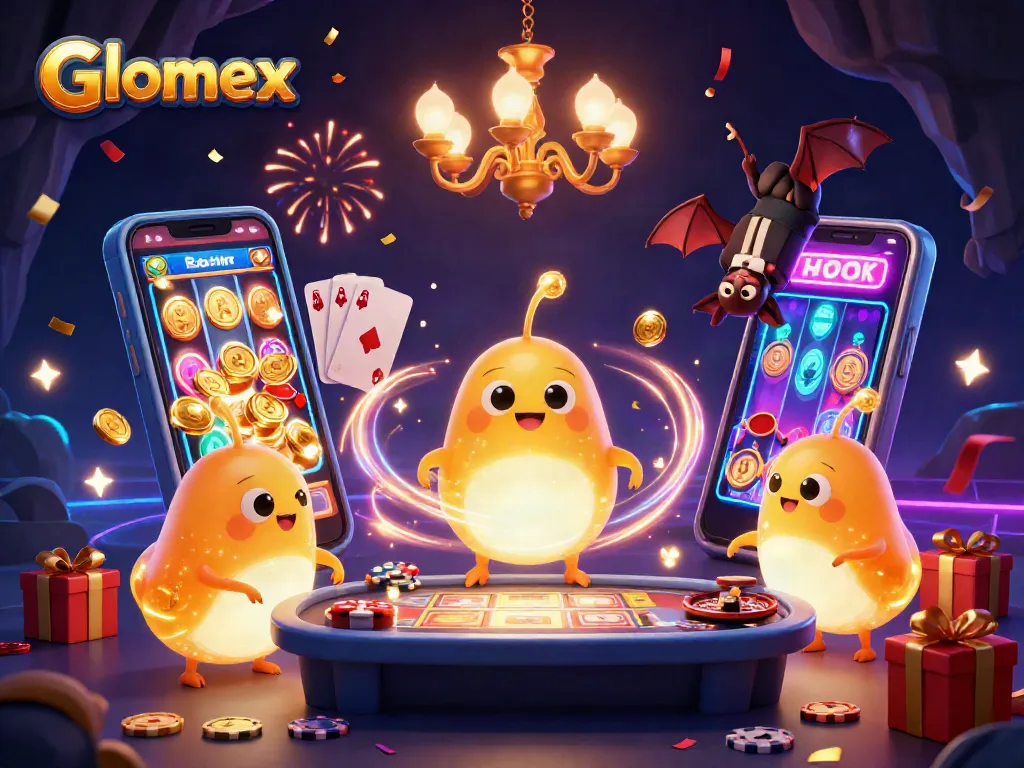 Glomex illuminates a vibrant casino scene with glowworms, showcasing excitement in gambling.