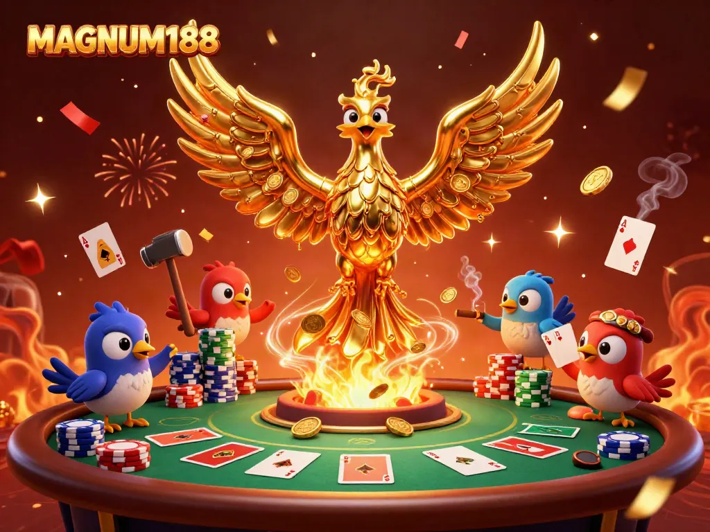 Experience the allure of MAGNUM188 as the golden phoenix rises with poker elements in a dynamic casino scene.