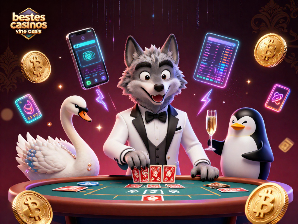 Engaging scene of bestes casinos ohne oasis featuring a debonair wolf, elegant swan, and penguin in a dynamic casino atmosphere.