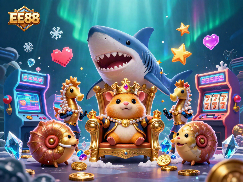 Engage in lively EE88 casino action with a golden hamster king amidst vibrant gaming elements.