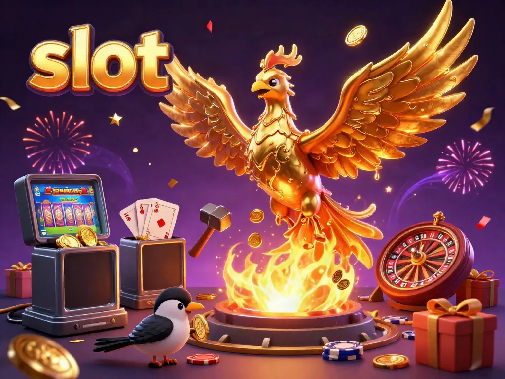 Engaging scene of a phoenix with golden coins, showcasing slot games and festive elements.