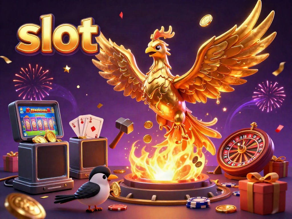 Engaging scene of a phoenix with golden coins, showcasing slot games and festive elements.