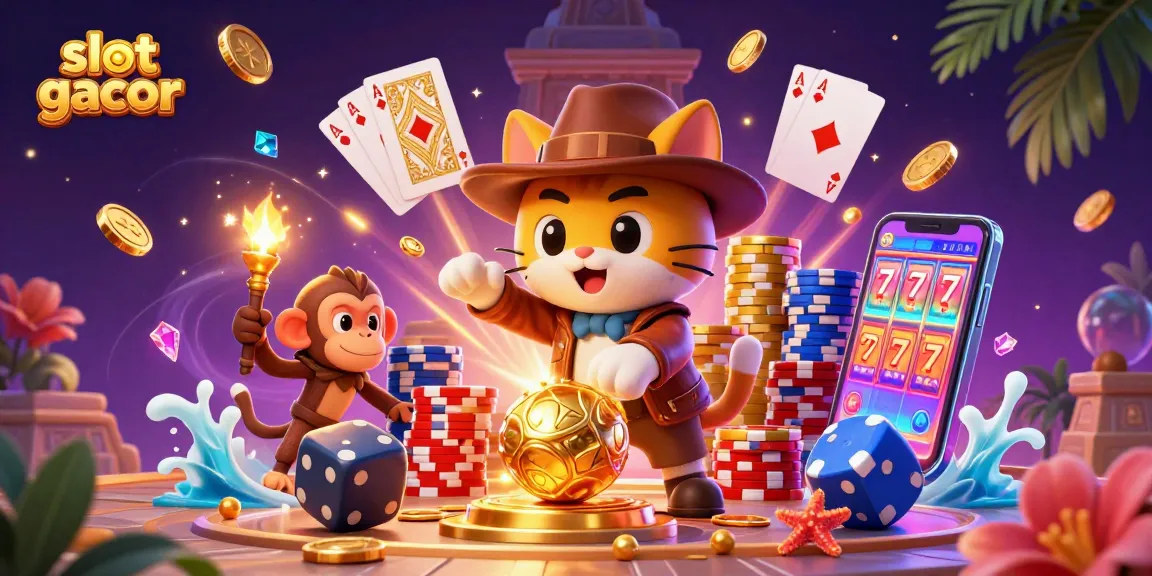 Uncover thrilling slot gacor experiences with a cat archaeologist and monkey in a vibrant casino.