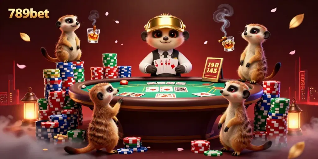 Experience the lively 789bet casino scene with meerkats playing cards and managing a poker table.