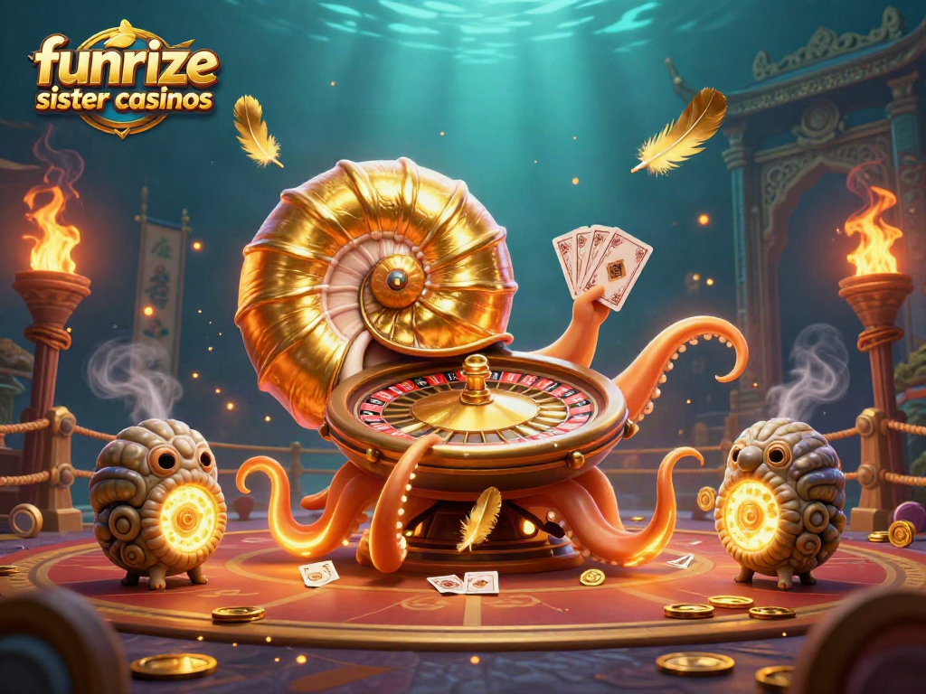 Experience funrize sister casinos with a dynamic scene of a giant nautilus, golden elements, and glowing cards.