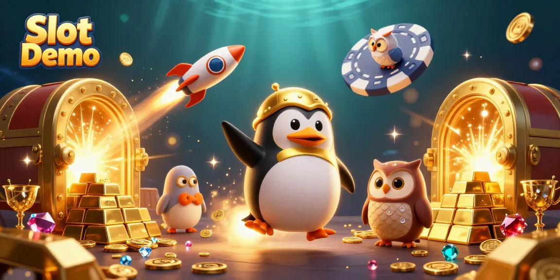 Play Slot Demo with a golden penguin soaring towards a casino chip station, surrounded by sparkling treasures.