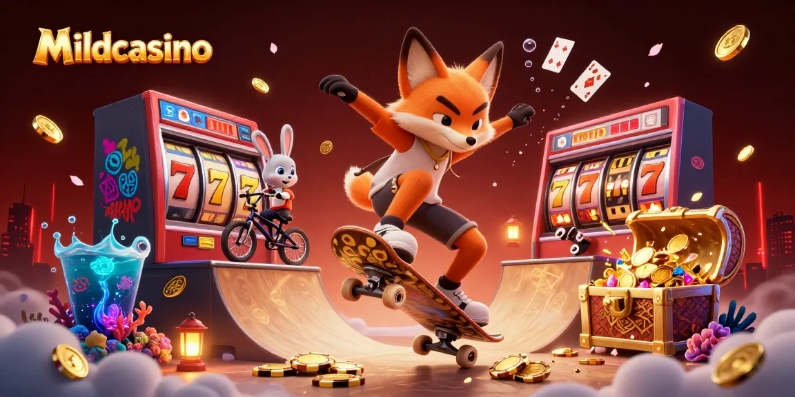 Mildcasino players enjoying gaming thrills as a skateboarder fox performs a kickflip over golden poker chips.