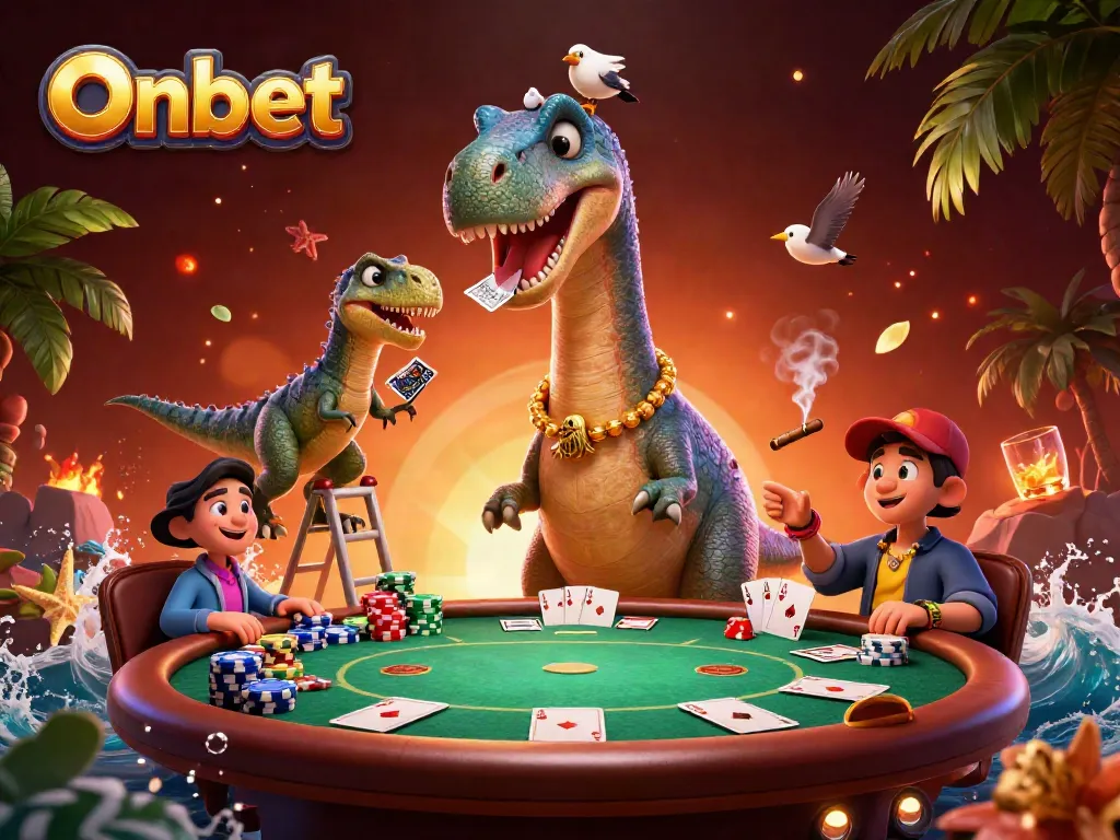 Onbet showcases a lively poker scene with a giant brontosaurus and clever raptor dealers.