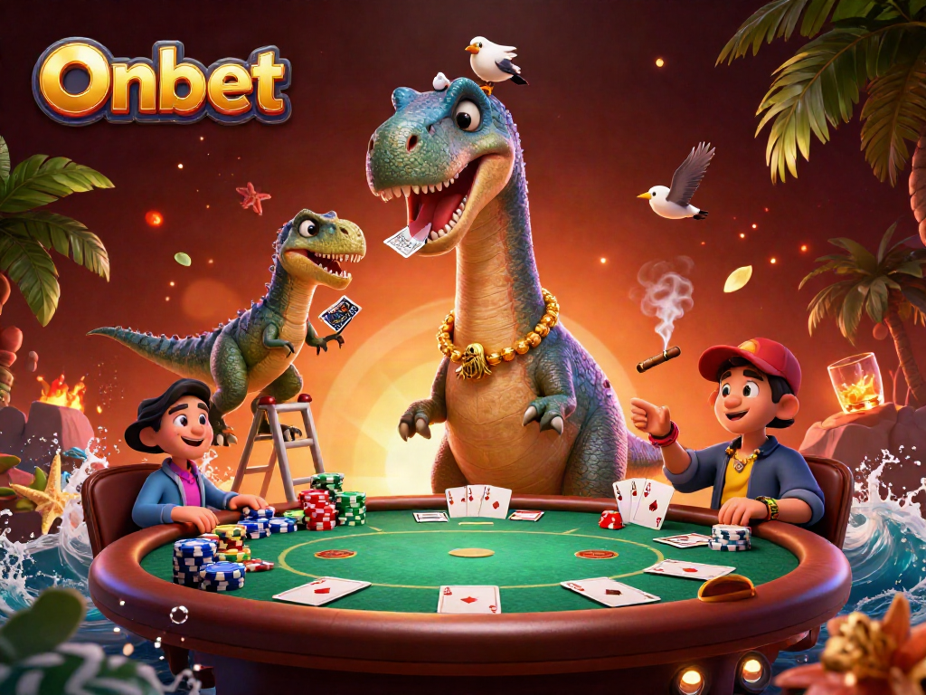 Onbet showcases a lively poker scene with a giant brontosaurus and clever raptor dealers.