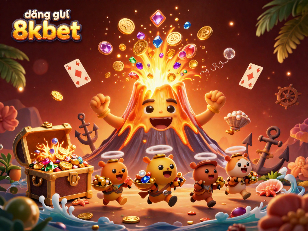 Engage in exciting gameplay with đăng ký 8kbet, featuring a 3D cartoon volcanic eruption and treasures.