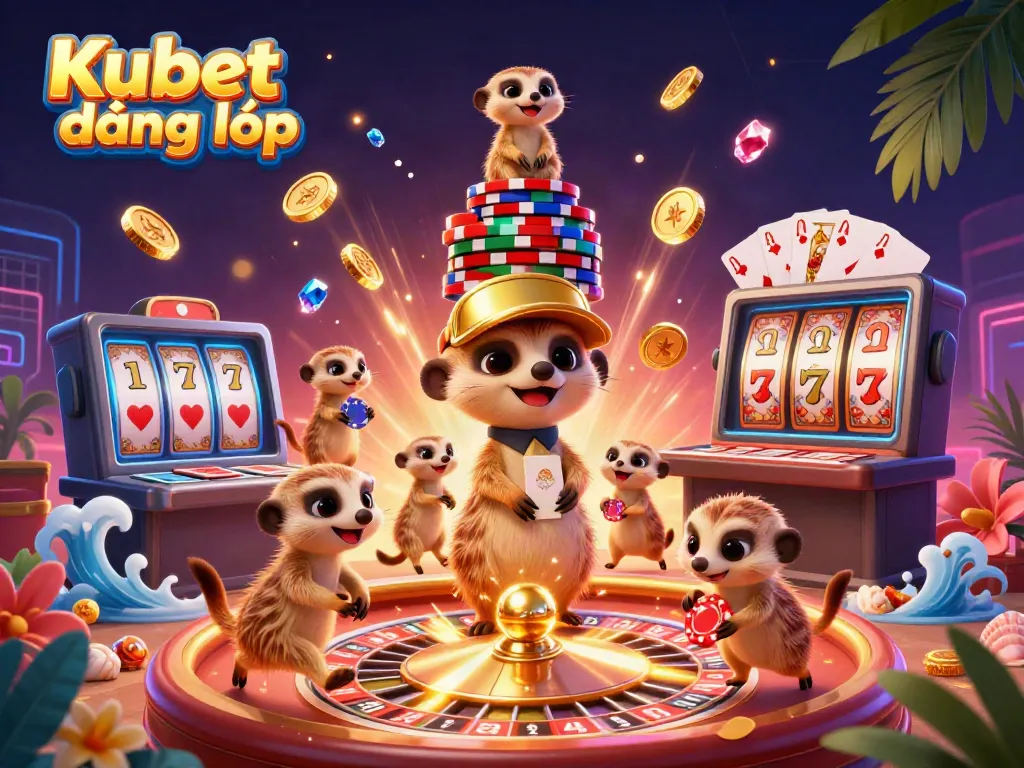 Kubet đăng nhập scene depicting meerkats managing a bustling casino with vibrant gaming elements.