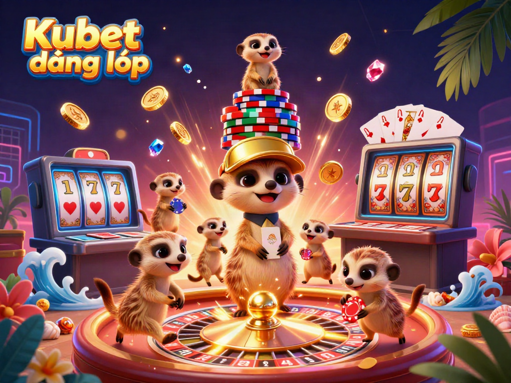 Kubet đăng nhập scene depicting meerkats managing a bustling casino with vibrant gaming elements.