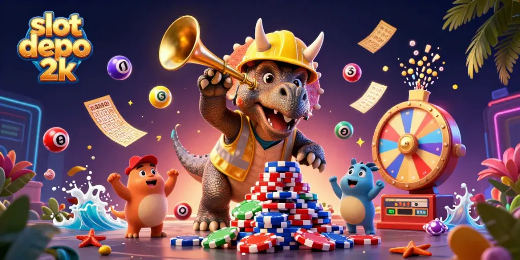 Engage in thrilling slot depo 2k gameplay as colorful lottery elements surround dynamic casino characters.