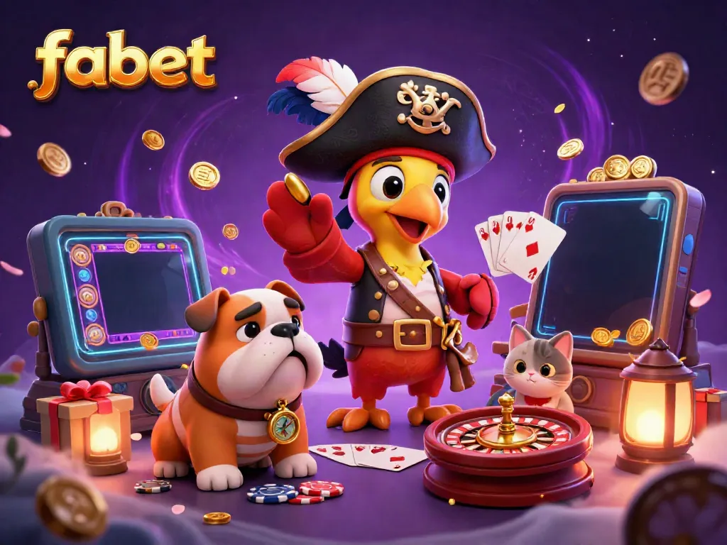 FABET slots game illustration featuring a colorful smartphone and engaging gambling characters creating an exciting atmosphere.