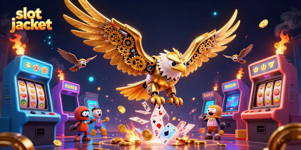 Menangkan slot jackpot secara spektakuler dengan ilustrasi 3D burung emas dan mesin arcade.