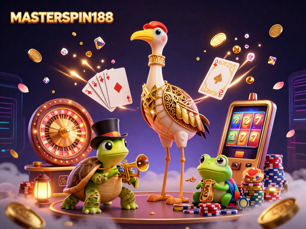 Experience winning fun with the MASTERSPIN188 casino scene featuring animated characters and vibrant slot elements.