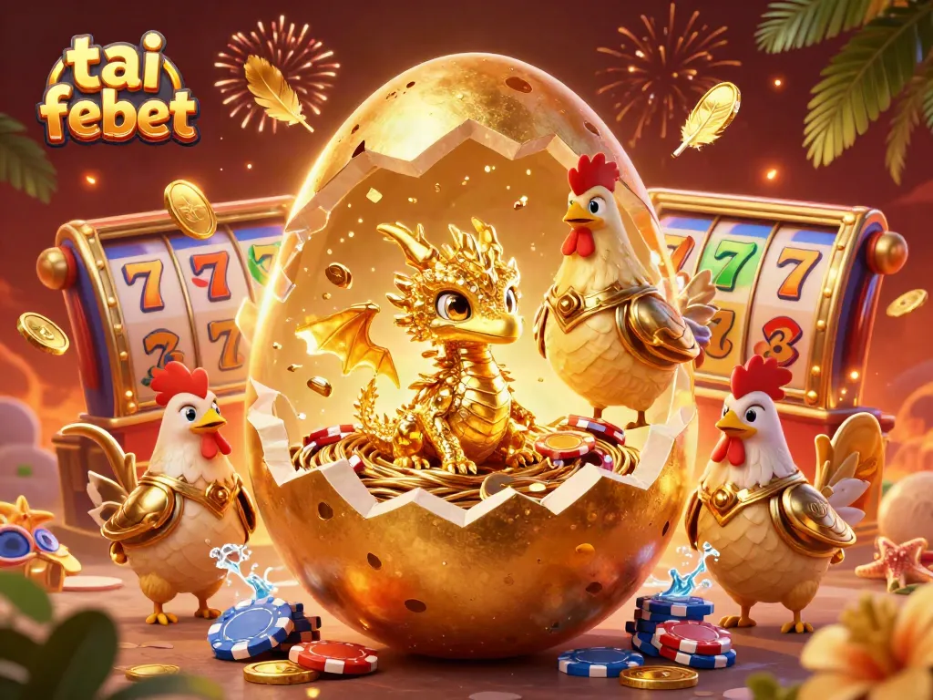 Engage with tai febet’s vibrant casino world featuring a golden dragon and slot game icons.