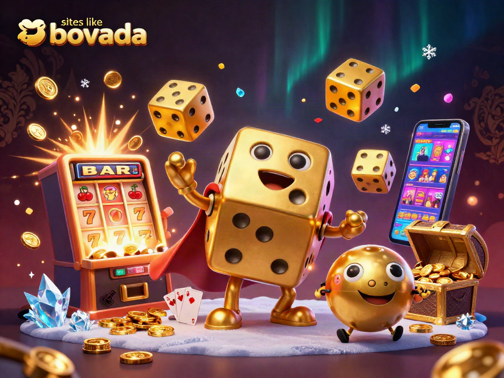 Roll golden dice and explore thrilling sites like Bovada in this dynamic casino illustration.