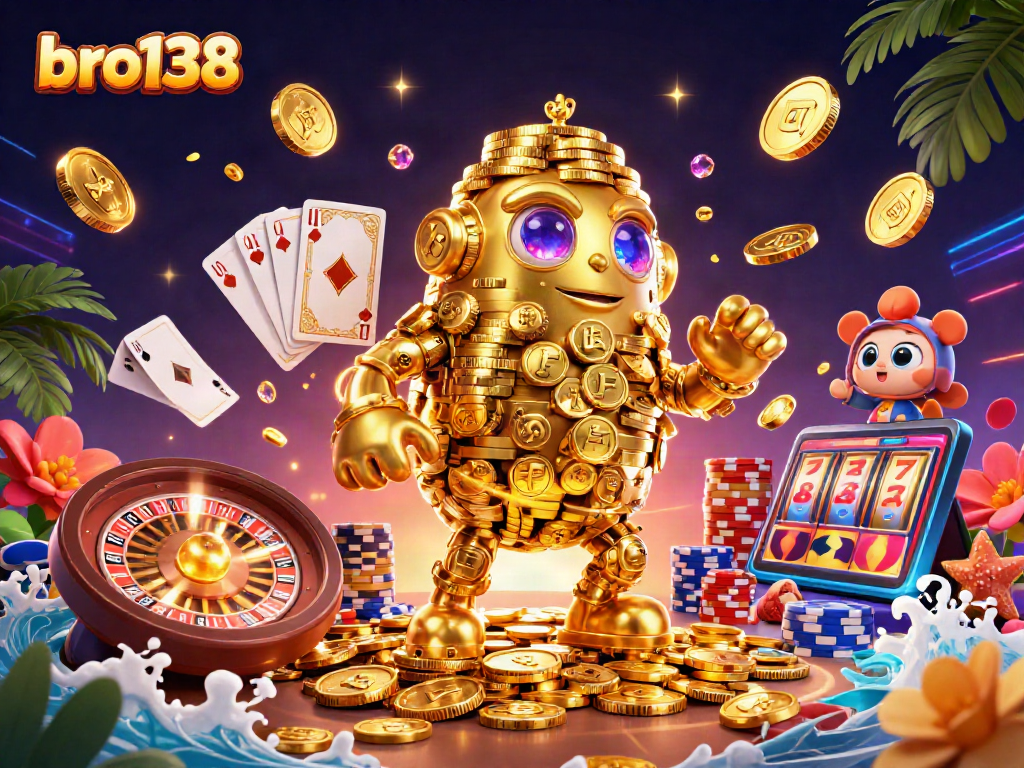 Engage with bro138, featuring a golden golem surrounded by casino treasures and gaming excitement.