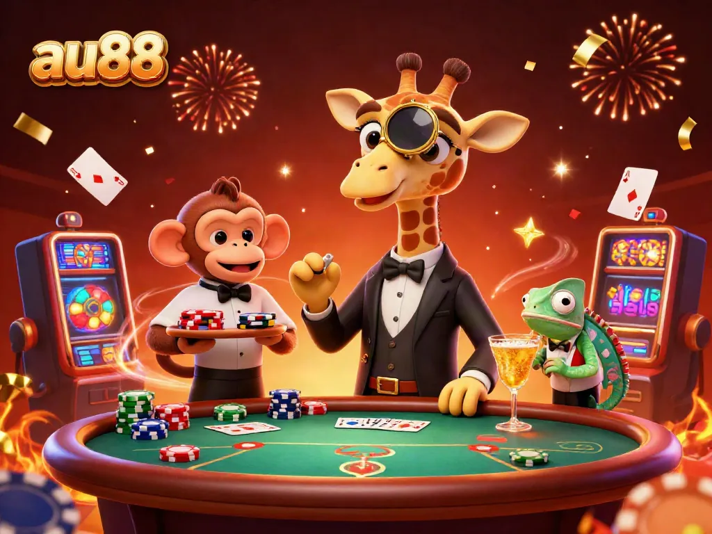 Experience thrilling jackpots at au88 with a high-roller giraffe enjoying poker while confetti rains down.