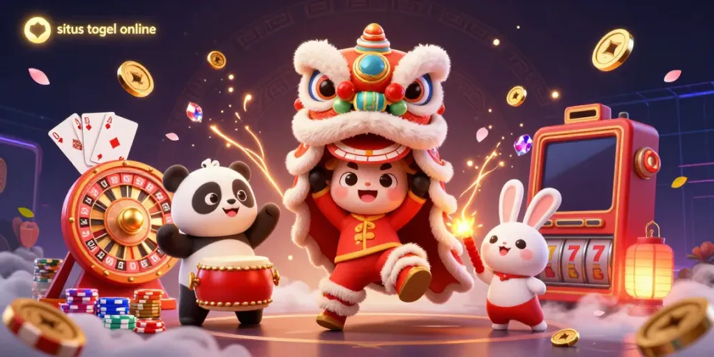 Permainan menarik di situs togel online dengan lion dance dan karakter lucu dikelilingi harta benda.