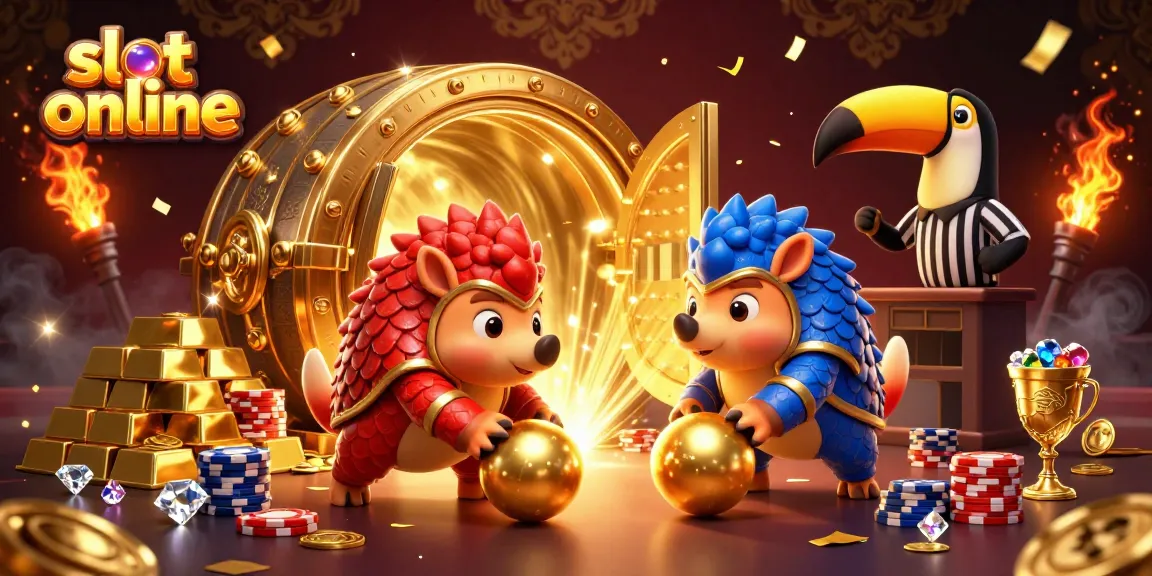 Permainan slot online yang seru dengan pangolin bergulir dan tumpukan chip poker di latar belakang gemerlap.