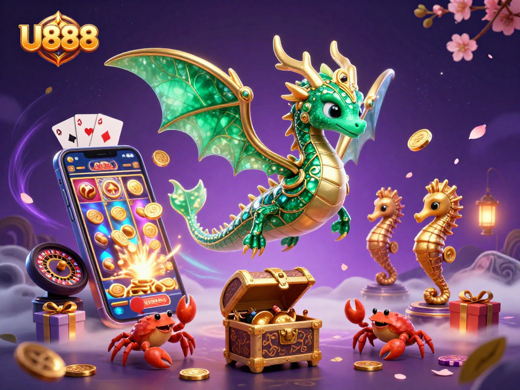 Engage with U888's vibrant casino experience featuring a sea dragon, slot games, and treasure.
