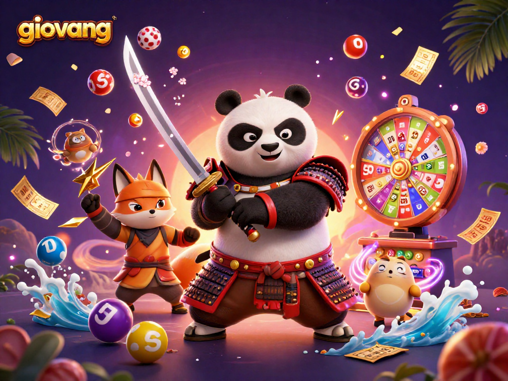 Engage in thrilling lottery action with giovang as samurai panda and ninja fox celebrate victories amidst dynamic game elements.