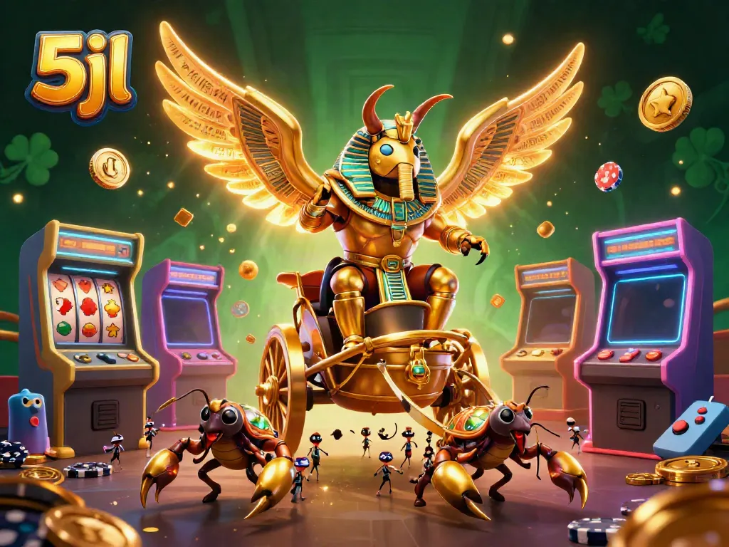 Engage with the 5jl gaming world featuring a golden scarab beetle and interactive casino elements.