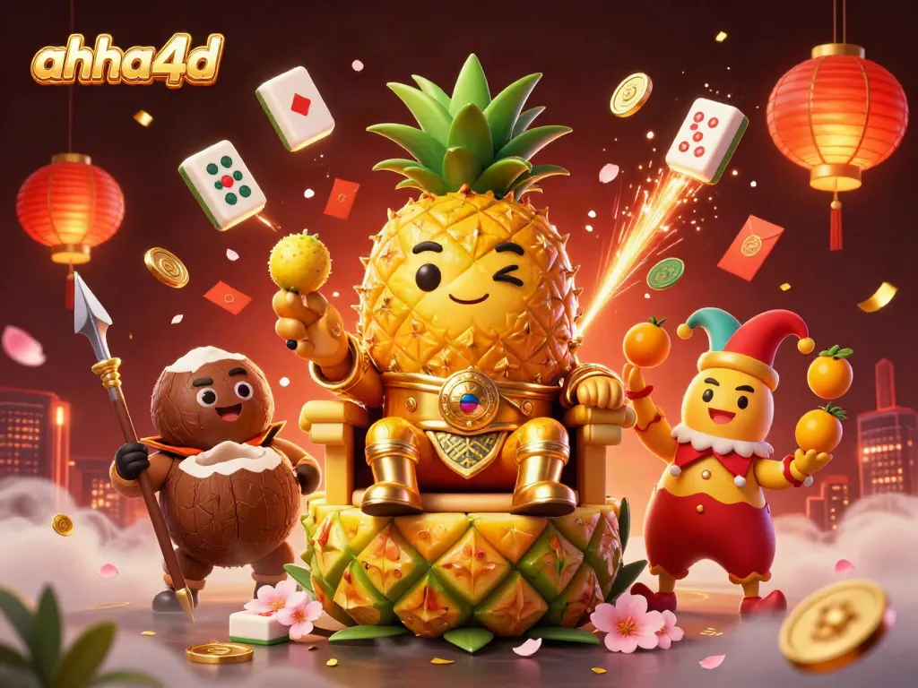 Engage with the vibrant world of ahha4d, featuring a golden pineapple king and his companions in an exciting beach casino setting.