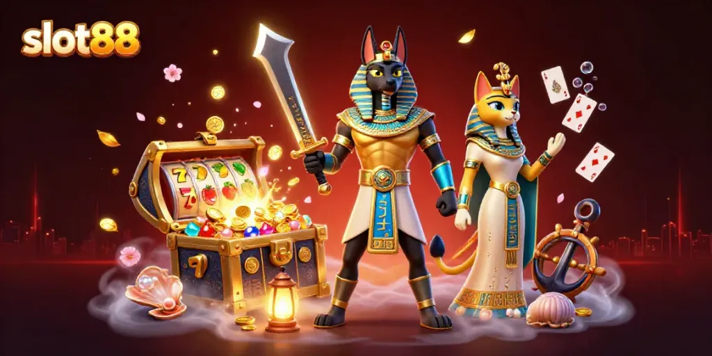 Experience slot88 thrills with Anubis and Bastet amidst gold coins and vibrant reels.