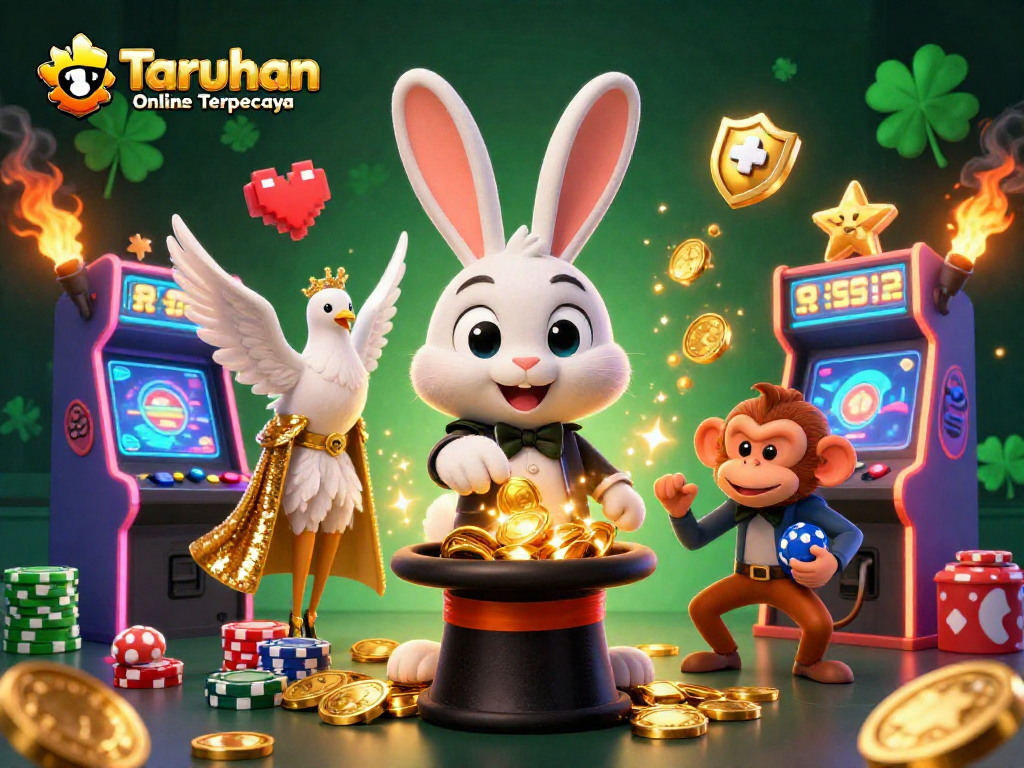 Experience the excitement of 'Taruhan Online Terpercaya' with a magical casino scene featuring enchanted characters.