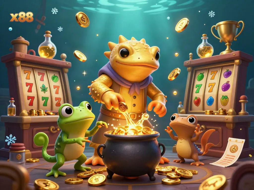 x88 transforms base metals into gold in this vibrant casino scene filled with slots and gold coins.