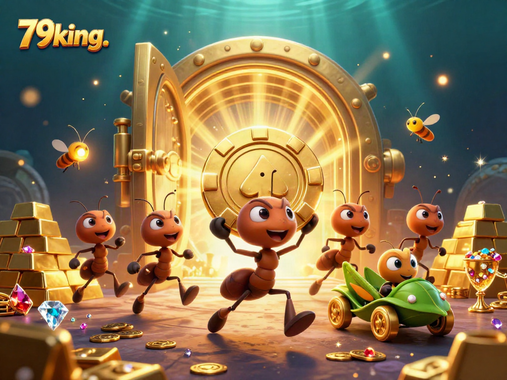 Engage in thrilling gameplay with 79king. as ants heist a giant poker chip amidst sparkling treasures.