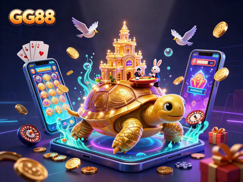Experience GG88 with a vibrant 3D illustration of a golden tortoise casino, rabbit dealer, and coins.