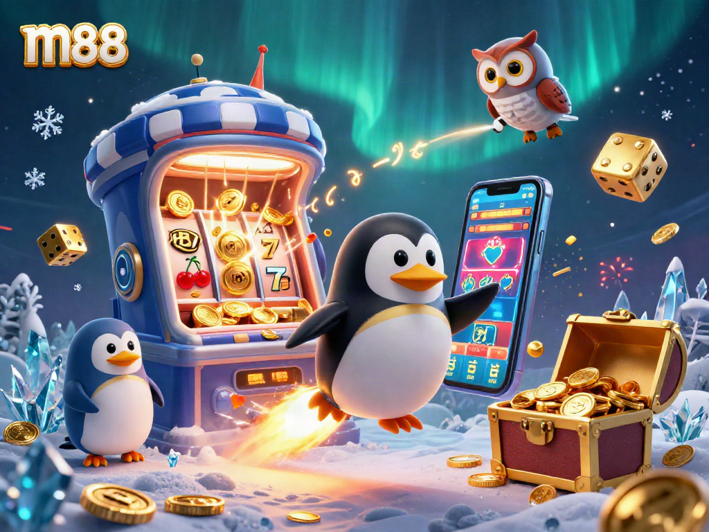 Join m88 for thrilling moments with a golden penguin and immense slot machine in space.