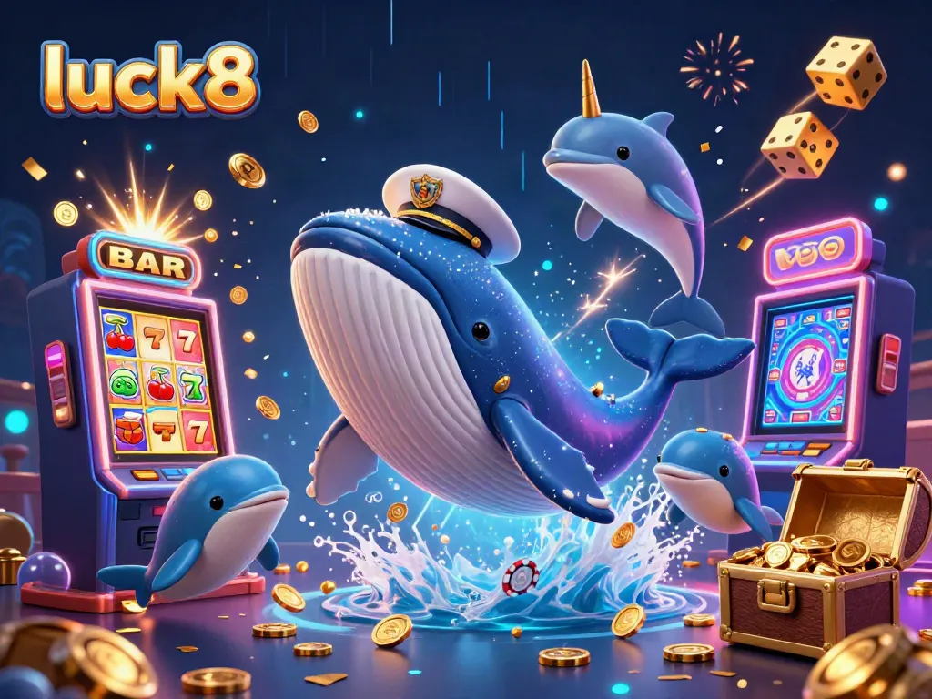 Experience luck8's thrill with playful dolphins and a whale amidst a jackpot explosion.