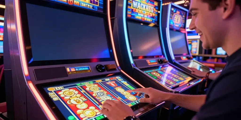 Hotslots Casino Spieler genießt das aufregende Slot-Spielerlebnis in einem modernen Casino.