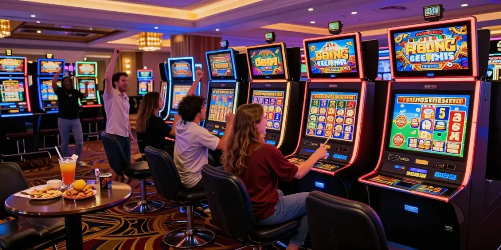 Excited players enjoying slot machines in a vibrant casino atmosphere