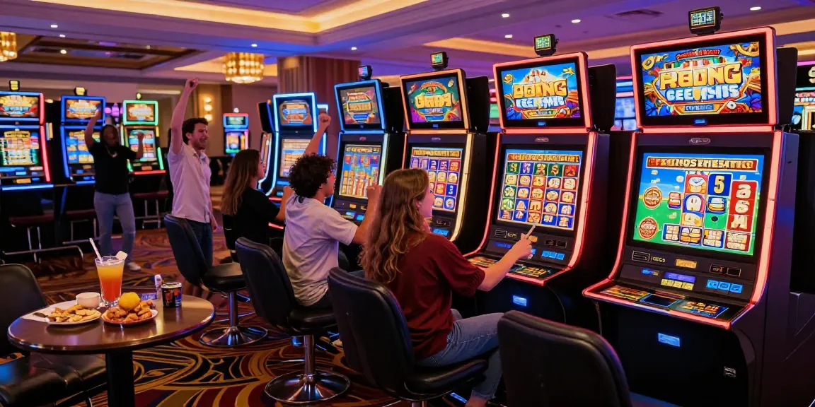 Excited players enjoying slot machines in a vibrant casino atmosphere