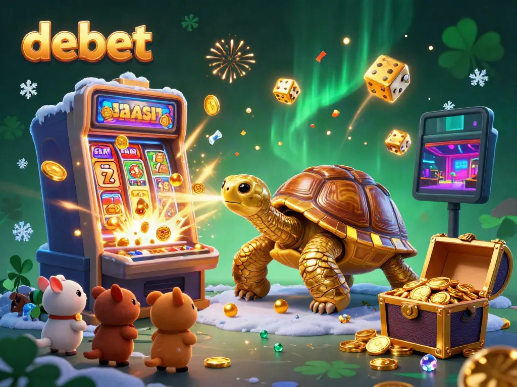Engage in exciting gameplay with debet's dynamic casino illustration featuring a golden tortoise and thrilling slot machine.